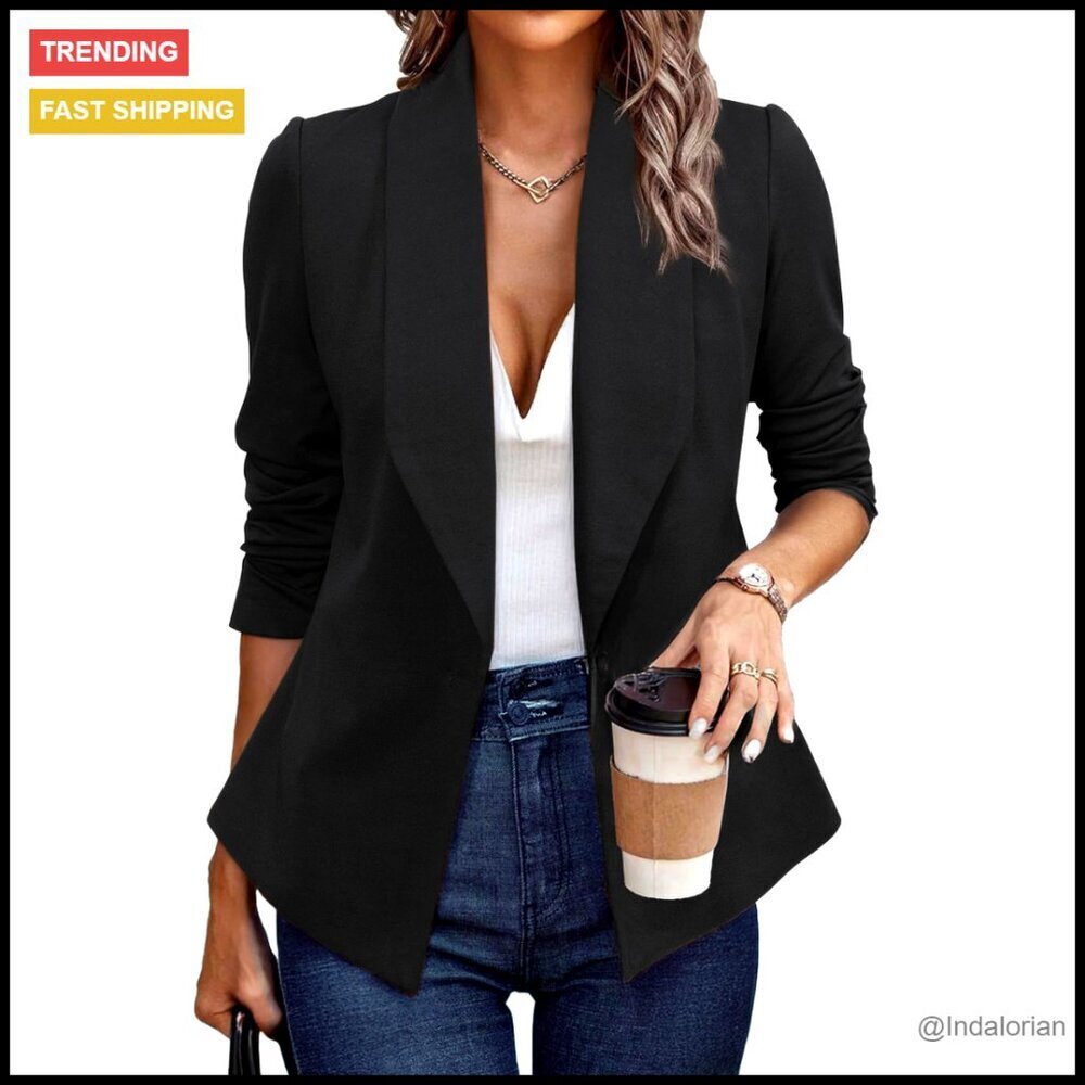 Long Sleeve Open Front Blazer Slim Fit Classic Chic Office Wear Timeless